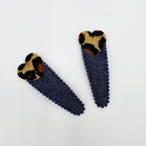 Setje denim haarspeldjes met leopard hartje