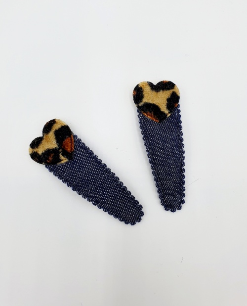 Setje denim haarspeldjes met leopard hartje